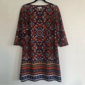 London Style Collection Kaleidoscope Pattern 3/4 Sleeve Shift Dress